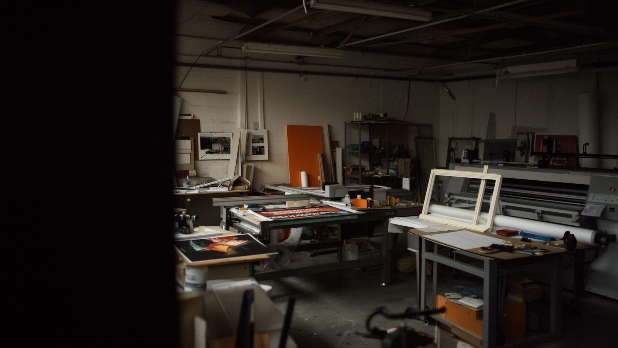 Atelier d’impression grand format, un lé de textile imprimé sort de la machine et deux mains le guident vers la table de réception