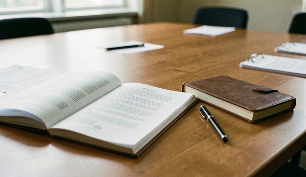Un dossier imprimé ouvert sur une table de réunion, à côté d’un carnet fermé et d’un stylo posé en travers