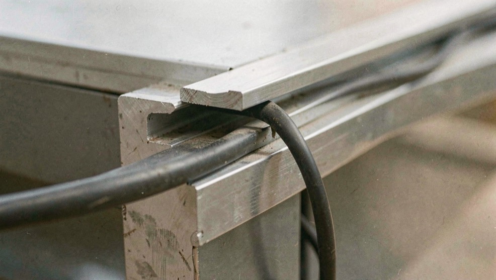 Détail d’un angle de profil aluminium avec sa rainure de tension et le câble d’alimentation qui court le long