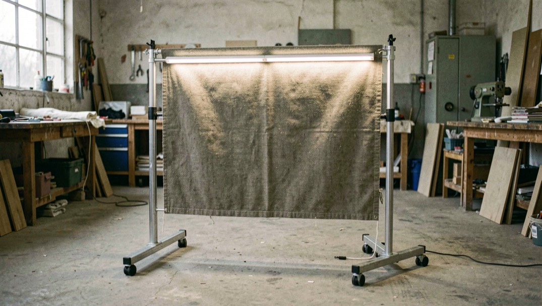 Cadre textile autoportant monté au milieu d’un atelier, doubles pieds au sol et éclairage LED allumé sur la tranche