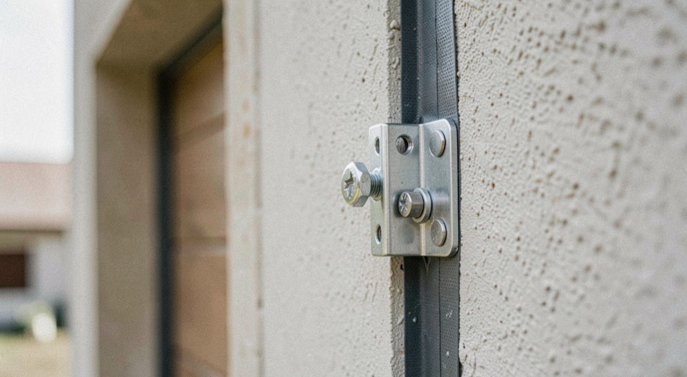 Détail d’une fixation d’entretoise sur une façade, joint d’étanchéité et vis inox apparents