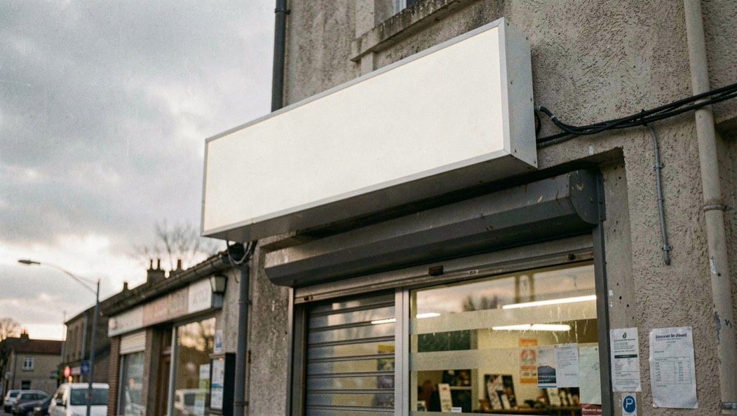 Caisson d’enseigne vierge fixé au-dessus de la devanture d’un commerce fermé, ciel gris de fin d’après-midi