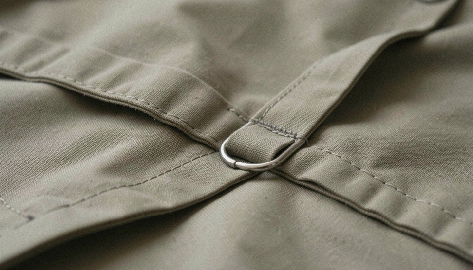 Gros plan d’un ourlet de toile polyester et de sa suspente métallique, fils de couture visibles