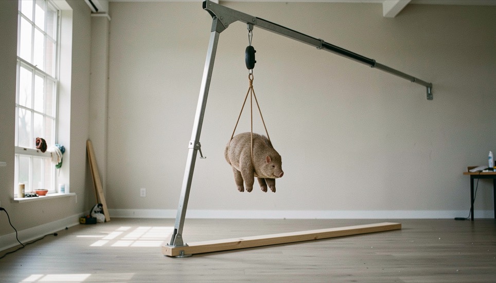 Kakemono suspendu à son mât télescopique dans un atelier vide, toile lisse et plinthe posée au sol