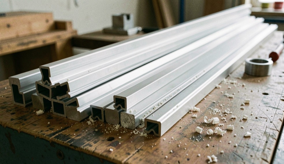 Profils d’aluminium anodisé rangés en faisceau sur un établi, extrémités coupées d’onglet et copeaux fins autour