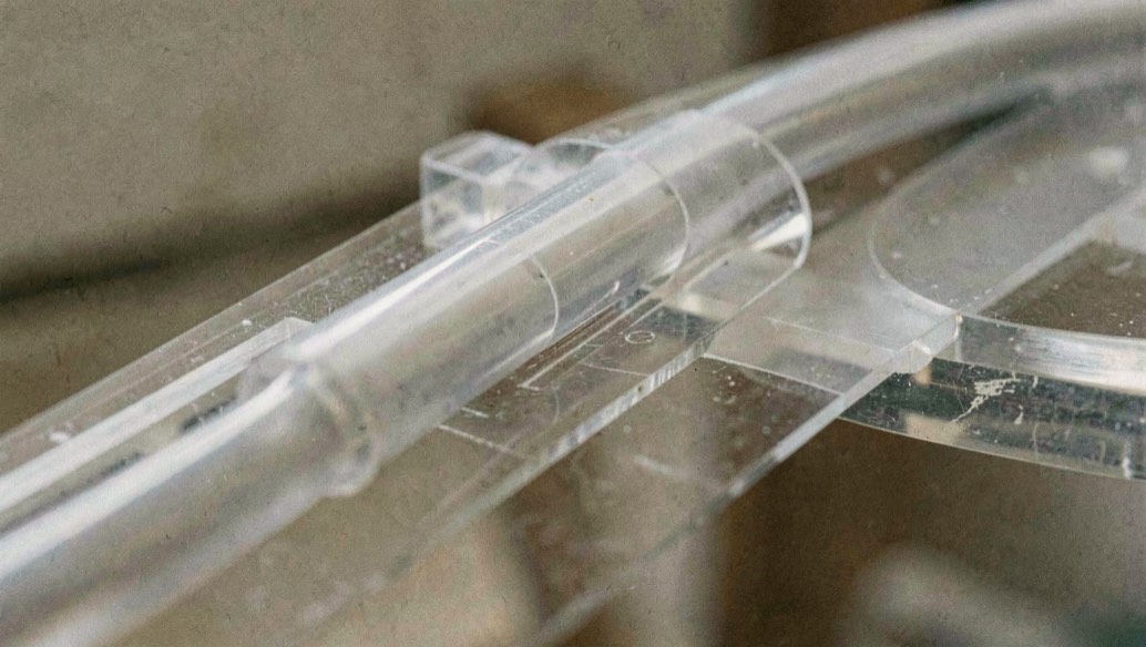 Gros plan du tube LED souple et de sa gaine translucide fixés sur la découpe de PMMA