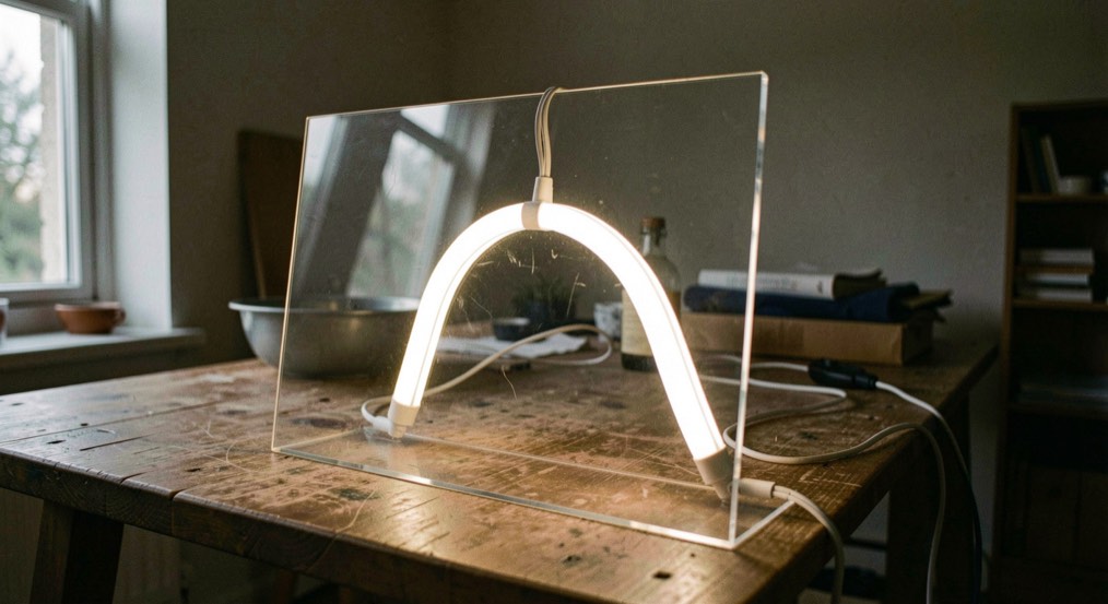 Forme en tube LED souple montée sur une plaque de PMMA transparente, allumée dans une pièce sombre