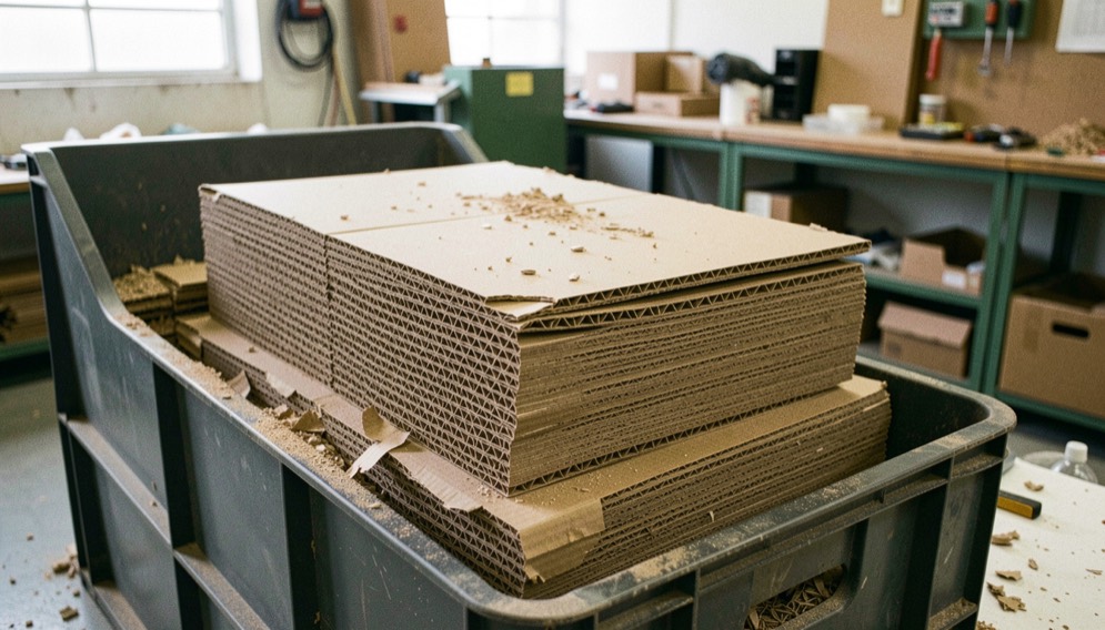 Chutes de carton alvéolaire empilées dans un bac de tri d’atelier, bords irréguliers et poussière de découpe