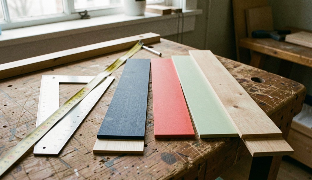 Établi d’atelier avec un mètre ruban déroulé, une équerre et quatre chutes de matières différentes alignées côte à côte