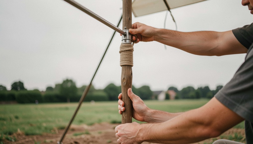 Une main tire la barre haute d’un enrouleur et l’accroche sur le mât, l’autre maintient la base au sol