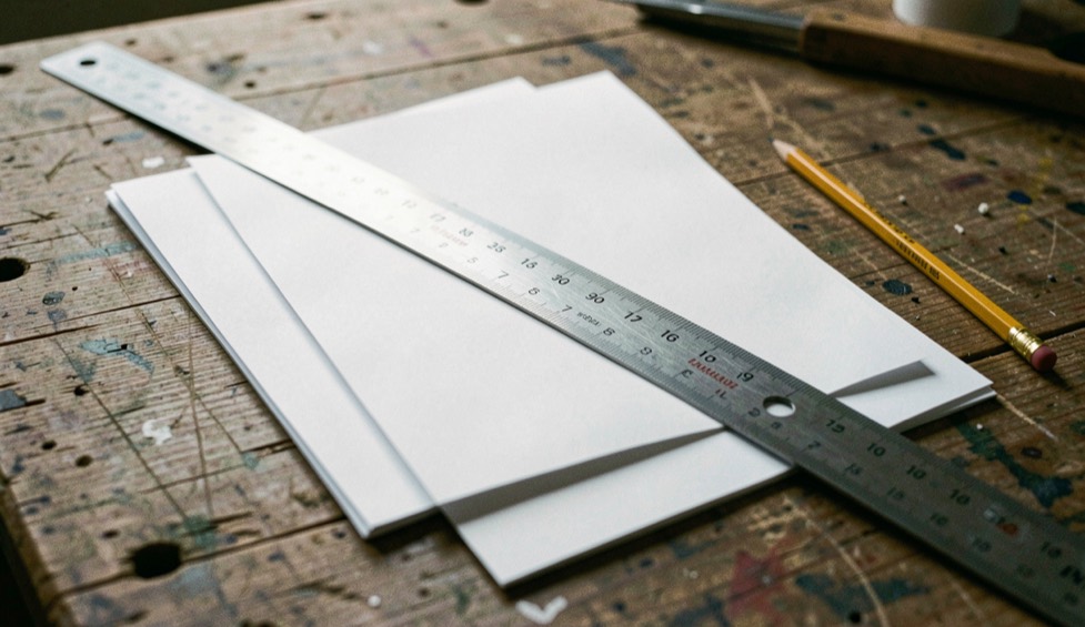 Trois feuilles blanches empilées sur un établi en bois, une règle en acier posée en travers et un crayon à côté