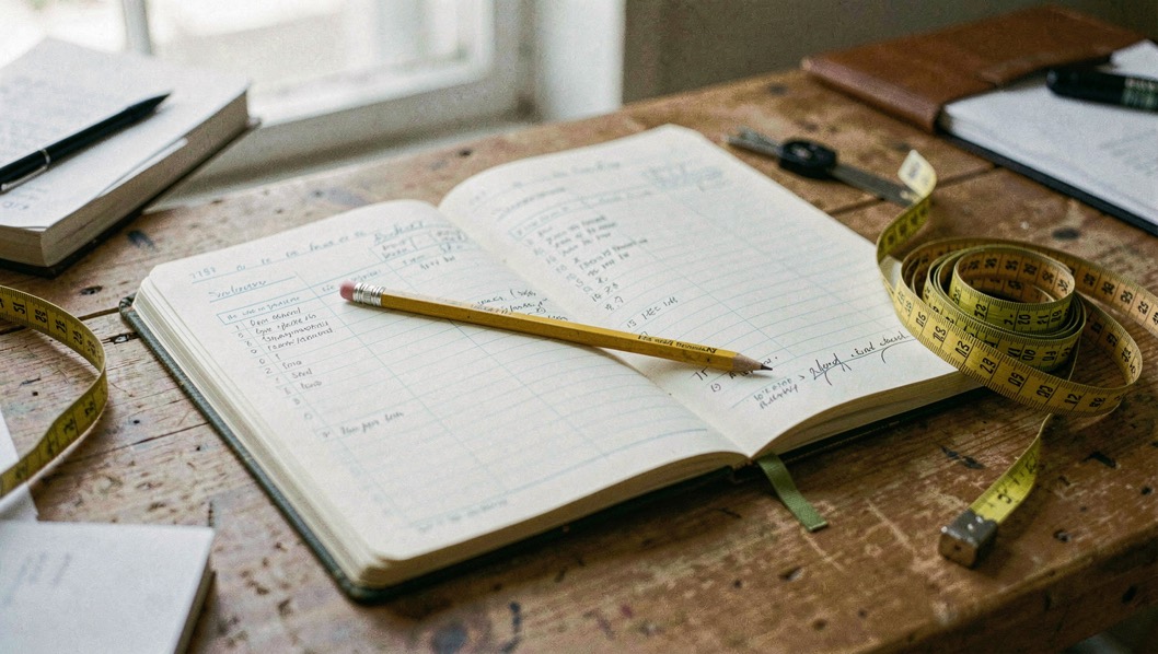 Plan de travail avec un carnet de relevés ouvert, un crayon posé en travers et un mètre ruban enroulé