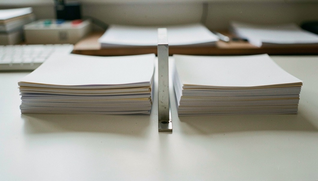 Deux piles de feuillets séparées par une réglette métallique sur un plan de travail clair