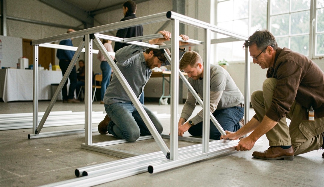 Montage d’une structure de stand, deux personnes emboîtent des tubes d’aluminium au sol avant de relever le cadre